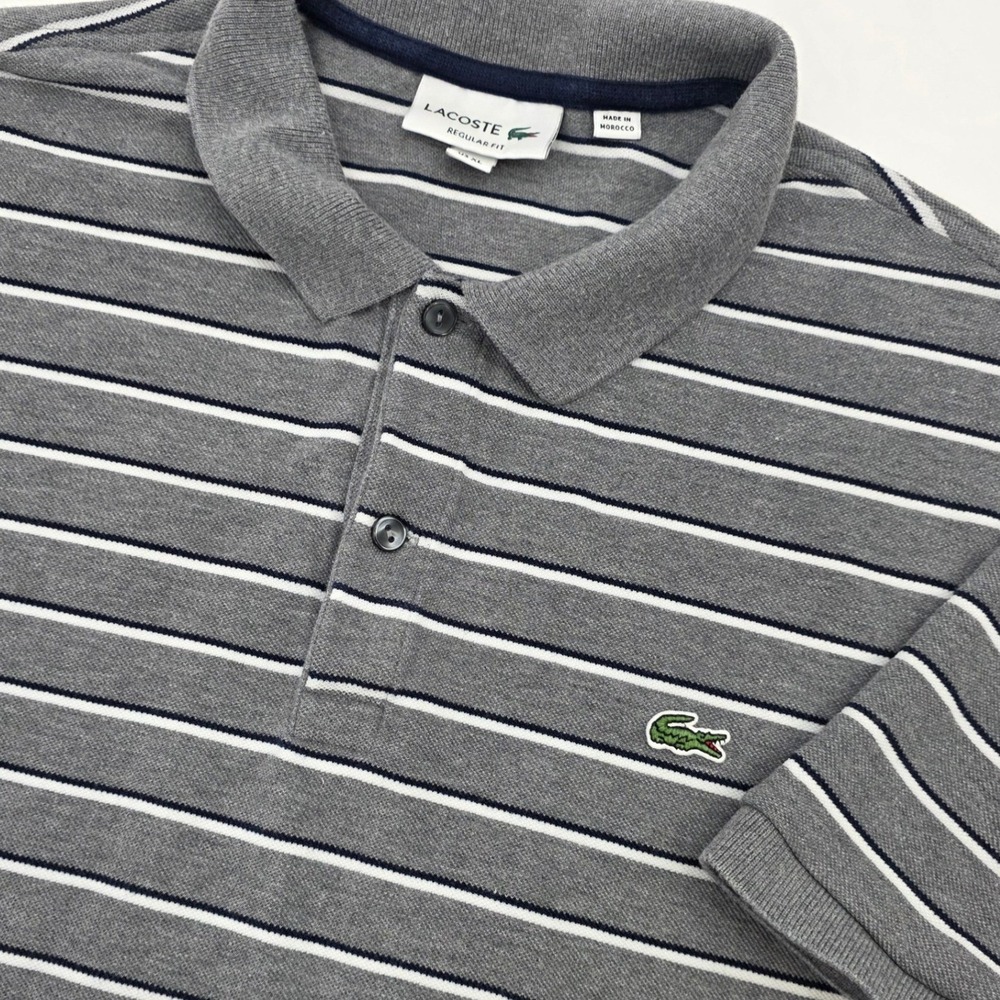 LACOSTE POLO SHIRT MENS XL 6 GRAY BLUE WHITE STRIPED REGULAR FIT PREPPY COTTON